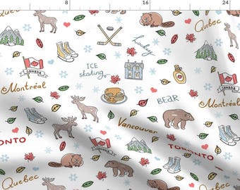 May include: A white background with a repeating pattern of Canadian icons. The icons include a moose, a beaver, a maple leaf, a hockey stick, a house, a bottle of maple syrup, a pair of ice skates, a stack of pancakes, and the words "Quebec", "Montreal", "Toronto", "Vancouver", "Canada", "ICE skating", "hockey", and "BEAR".