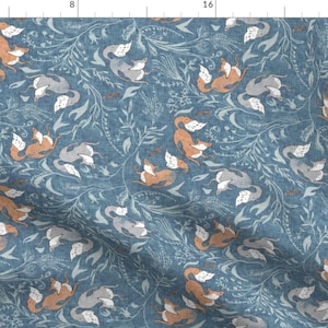 Blue Fox Apparel Fabric - Deluna Foxen by nouveau_bohemian - Woodland Forest Nature Red Foxes Botanical Clothing Fabric by Spoonflower image 1