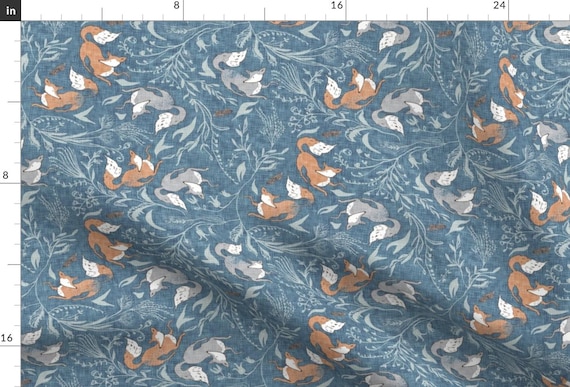 Blue Fox Apparel Fabric - Deluna Foxen by nouveau_bohemian - Woodland Forest Nature Red Foxes Botanical Clothing Fabric by Spoonflower