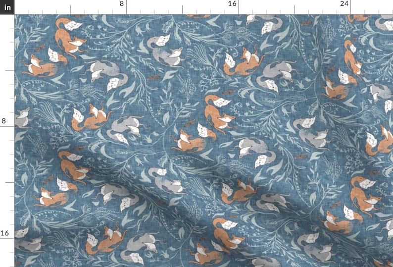 Blue Fox Apparel Fabric - Deluna Foxen by nouveau_bohemian - Woodland Forest Nature Red Foxes Botanical Clothing Fabric by Spoonflower image 1