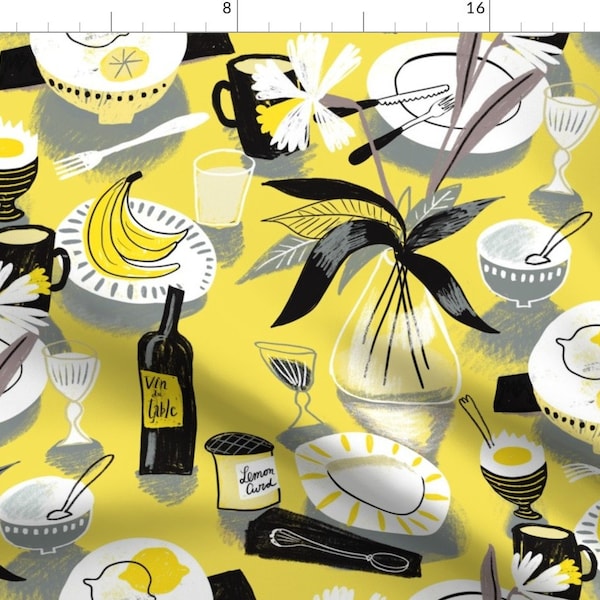 Bistro Cafe Fabric - Still Life Table By Miraparadies - Yellow Gray Restaurant Cooking Kitchen Cotton Fabric By The Yard With Spoonflower