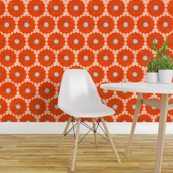 Coral Floral Wallpaper - Vintage Coralpop By Holli Zollinger - Modern Custom Printed Removable Self Adhesive Wallpaper Roll by Spoonflower