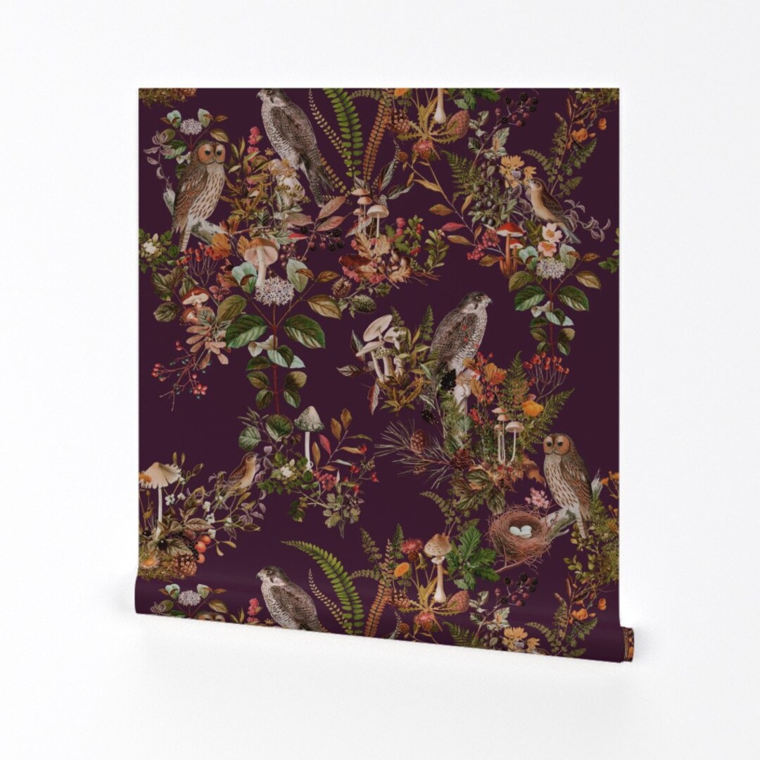 Woodland Birds Wallpaper Birds in Dark Plum by Thistleandfox Dark