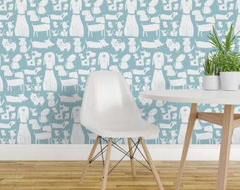 Dogs Wallpaper - Dogs By Laurawrightstudio - Blue White Dogs Animals Custom Printed Removable Self Adhesive Wallpaper Roll by Spoonflower