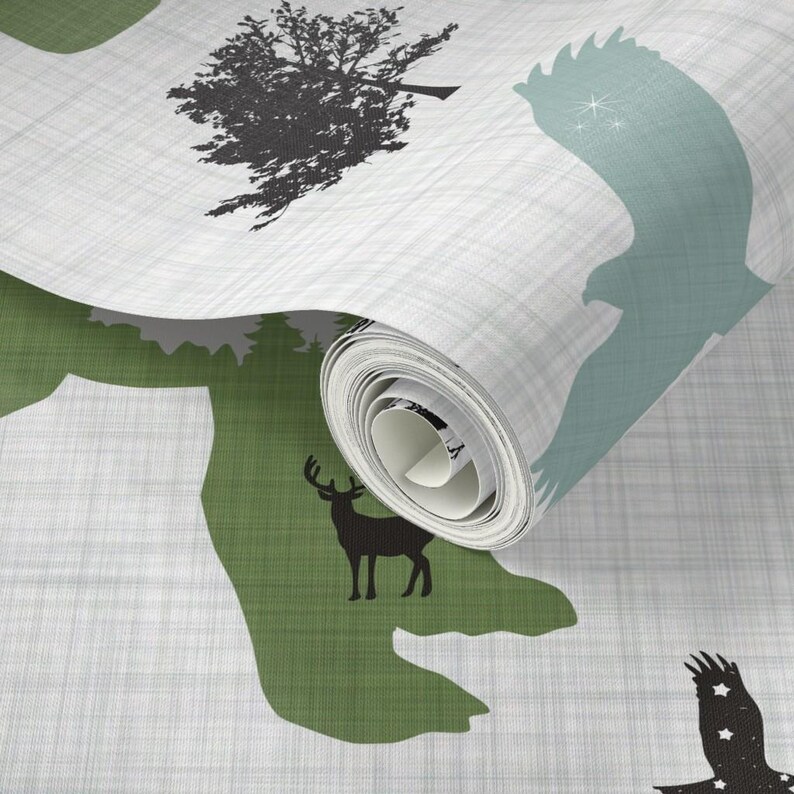 Skogstapet - Skogsdjur på linne av Karolina Papiez - Specialtryckt avtagbar självhäftande tapetrulle av Spoonflower bild 3