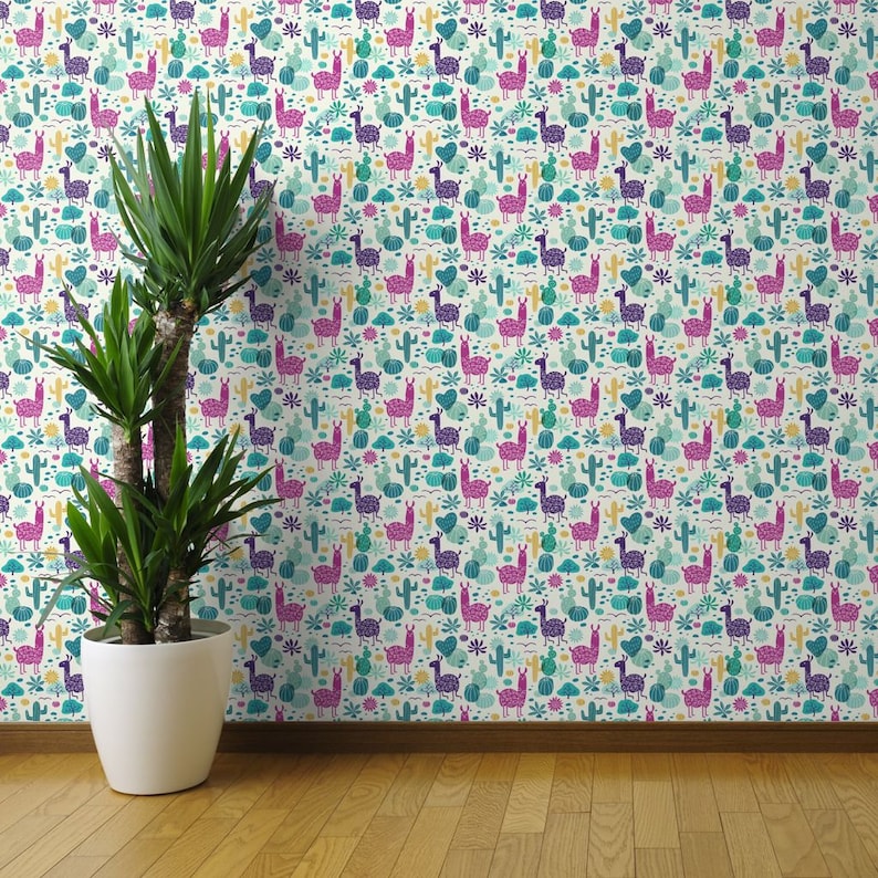 Llama Wallpaper Llamas In The Desert Turquoise By Heleen Vd Thillart Custom Printed Removable Self Adhesive Wallpaper Roll by Spoonflower
