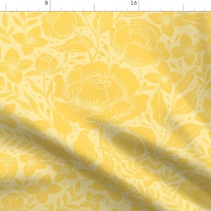 Yellow Floral Fabric - Peonies Damask by whimsical_brush - Monochromatic Pastel Spring Summer English Fabric by the Yard by Spoonflower