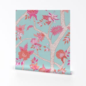 Floral Wallpaper - Peony Branch Pink Orange Aqua By Danika Herrick - Custom Printed Removable Self Adhesive Wallpaper Roll by Spoonflower