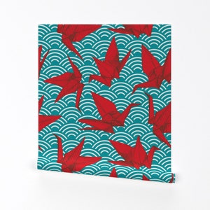 Cranes Wallpaper - Cranes Origami Scales By Ekaterinap - Turquoise Red Custom Printed Removable Self Adhesive Wallpaper Roll by Spoonflower