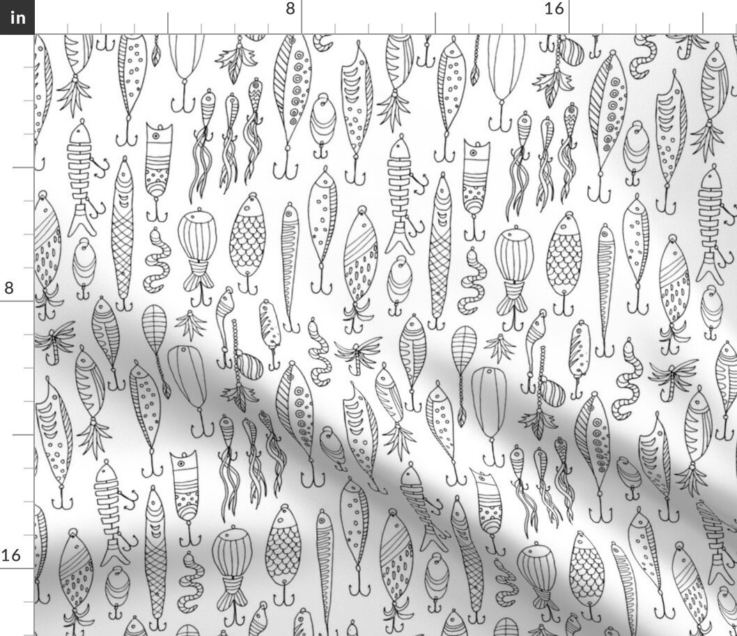 Fishing Lures Fabric Gone Fishing by Snowflower Fishing Lures Coloring Book  Black and White Cotton Fabric by the Yard With Spoonflower 