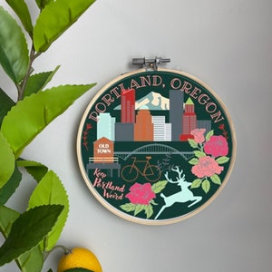 City Embroidery Template on Cotton - Portland Oregon By Diseminger - Travel Embroidery Pattern for 6" Hoop Custom Printed by Spoonflower