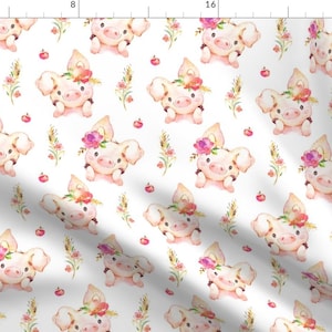 Pig Fabric - Miss Piglet Baby Girl Pig With Flowers Apples Larger Scale By Gingerlous- Girls Pink Cotton Fabric By The Yard With Spoonflower