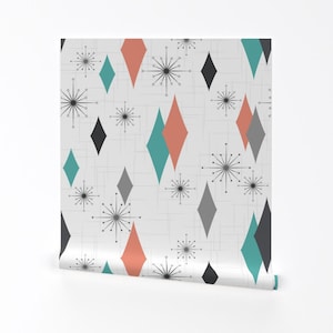 Mid Century Modern Wallpaper - Burmond Salmon Seafoam By Tonyanewton - Custom Printed Removable Self Adhesive Wallpaper Roll by Spoonflower