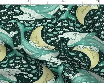 Space Whales Fabric - Sleepy Cosmic Whale  by mitalimdesigns -  Ocean Nautical Animals Moon Galaxy Clouds Fabric by the Yard by Spoonflower