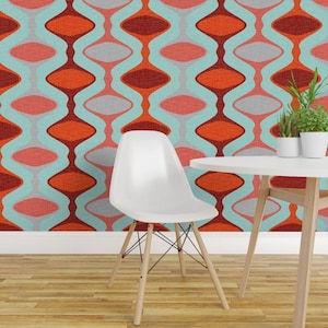 Geometric Wallpaper -Orange Blue By Fernlesliestudio - Ogee Pattern Custom Printed Removable Self Adhesive Wallpaper Roll by Spoonflower