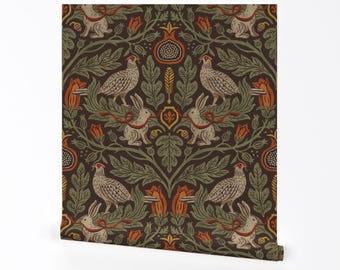 Whimsical Removable Peel and Stick Wallpaper - Rustic Pheasants Rabbits - Wall Art Wall Decor - Woodland Fairytale Damask by nuny_belle