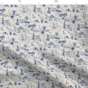 Blue Texas Toile Fabric - Texas Toile by wrennworks - Blue Bear Toile Southwest French Country Cougar Fabric by the Yard by Spoonflower