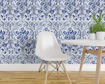 Blue Vintage Floral Peel and Stick Wallpaper - Arts And Crafts William Morris - Removable Wall Decor Art - Blue Floral Damask by eti_enne