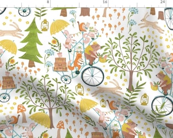 May include: A white background with a repeating pattern of woodland animals riding bicycles. The animals include foxes, bears, rabbits, and squirrels. The bicycles are decorated with flowers, leaves, and other woodland elements. The pattern is perfect for fabric, wallpaper, or wrapping paper.