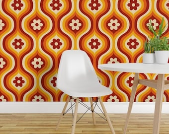 Flower Power Peel and Stick Wallpaper - Yellow Floral Red Retro Ogee 1970s 1960s - Removable Wall Decor Art - Groovy Daisy Ogee  by de_koro