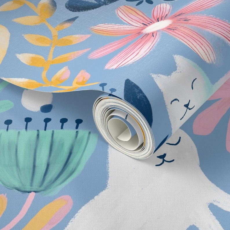 Floral Cats Wallpaper - Spring-Cats By Kostolom3000 - Blue Pink Kids Whimsical Kitten Removable Self Adhesive Wallpaper Roll by Spoonflower image 3