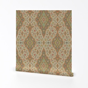 May include: A beige wallpaper with a repeating pattern of intricate floral and geometric designs in shades of green, blue, orange, and red.