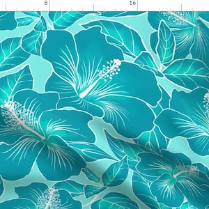 Tropical Floral Fabric - Hibiscus Batik Teal On Aqua 150 By Kadyson - Blue Hibiscus Flower Cotton Fabric By The Yard With Spoonflower