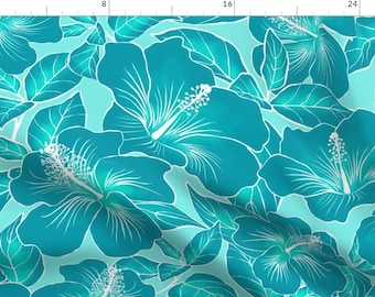 May include: A seamless pattern featuring teal hibiscus flowers with white outlines on a light blue background.