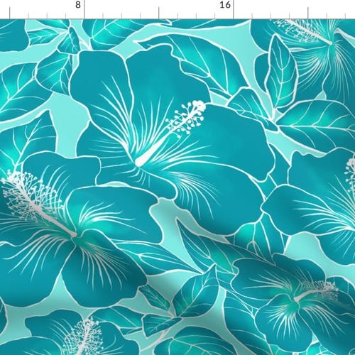 Tropical Floral Fabric - Hibiscus Batik Teal On Aqua 150 By Kadyson - Blue Hibiscus Flower Cotton Fabric By The Yard With Spoonflower
