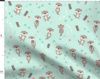 Cute Otters Fabric - Cute Otters In The Water - Mint By Ewa Brzozowska - Swimming Otter Nursery Cotton Fabric By The Yard With Spoonflower