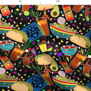 May include: A black background with a colorful pattern of Mexican food and drinks. The pattern includes tacos, guacamole, salsa, and cocktails. The pattern is perfect for a kitchen or dining room.