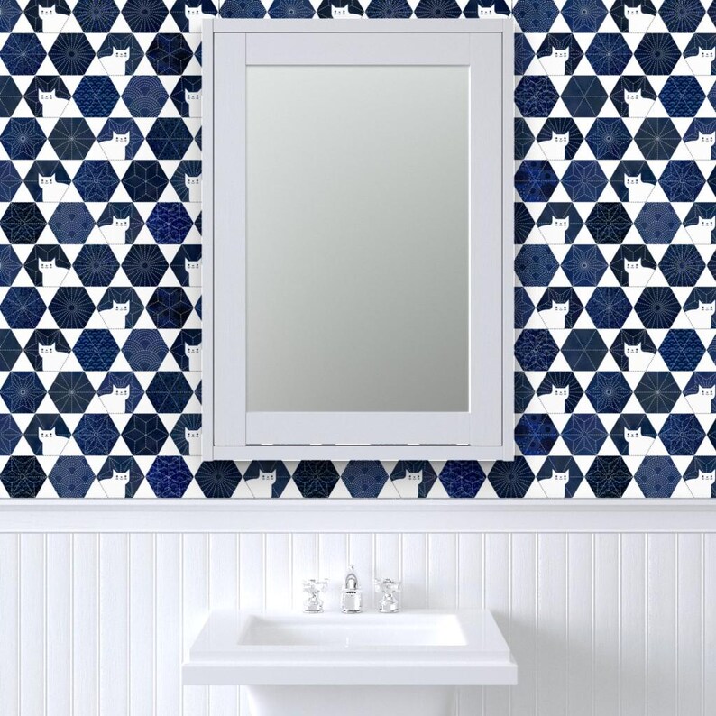 Cats Wallpaper - Sashiko Cats By Patricia Lima - Navy White Geometric Hexagon Kitten Removable Self Adhesive Wallpaper Roll by Spoonflower image 8