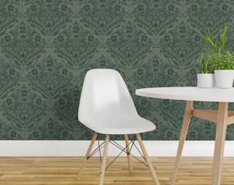 Carta da parati moderna vittoriana autoadesiva - Damasco floreale vintage verde scuro - Decorazione murale rimovibile - Damasco verde cacciatore di nendo