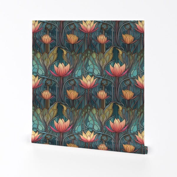 Art Deco Floral Removable Peel and Stick Wallpaper - Egyptian Lotus Stained Glass - Wall Art Wall Decor - Art Deco Lotus  by goldiewinship