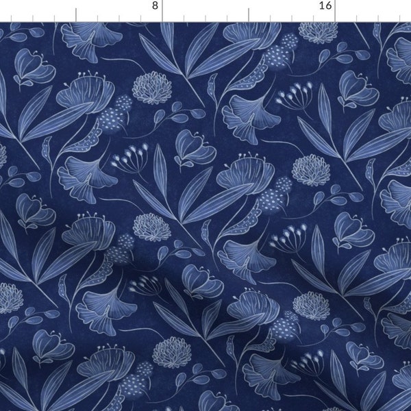 Denim Blue Floral Fabric - Indigo Dance by francisca_reyes - Monochromatic Moody Jewel Tone Rich Saturated Fabric by the Yard by Spoonflower