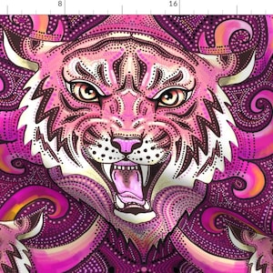 Pink Tigers Fabric - Tiger Damask by beesocks - Purple Orange Maximalist Xl Jungle Fabric by the Yard by Spoonflower