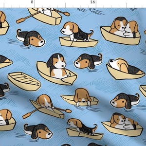 May include: A blue background with a repeating pattern of beagle dogs in cardboard boats. Some dogs are cuddling, some are sleeping, and some are paddling. The boats are various shapes and sizes.