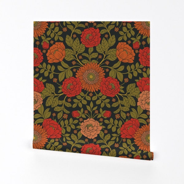 Vintage Garden Wallpaper - Patrón botánico de somecallmebeth - Verde Rojo Naranja Extraíble Peel and Stick Wallpaper de Spoonflower