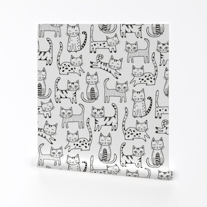 Kitten Wallpaper - Cats With Stripes Blackwhite Larger By Caja Design - Custom Printed Removable Self Adhesive Wallpaper Roll by Spoonflower