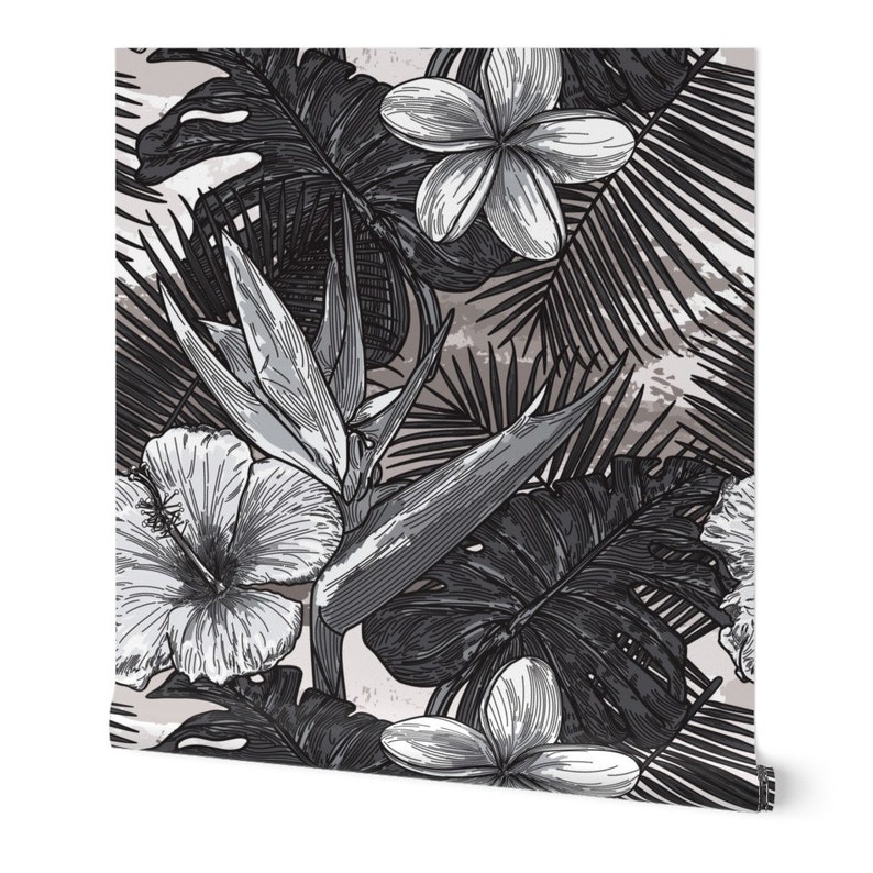 Tropic Floral Wallpaper Black And White Tropical Plants By | Etsy