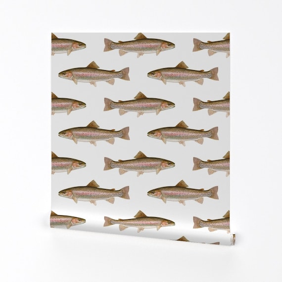 Fishing Wallpaper Rainbow Trout on White by Weavingmajor Brown Pink Custom  Printed Removable Self Adhesive Wallpaper Roll by Spoonflower 