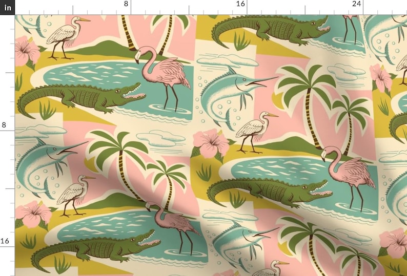 Florida Wildlife Fabric - Everglades by ruby_ritz - Pink Flamingo Green Crocodile Palm Trees Everglades Fabric by the Yard by Spoonflower image 1