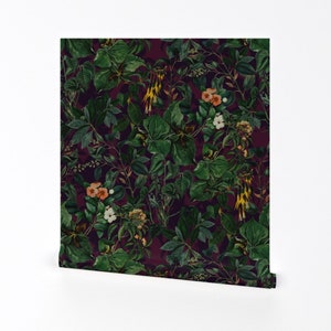Moody Floral Wallpaper - Dark Botanical by malyskastudio - Dark Tropical Rainforest Removable Peel and Stick Wallpaper by Spoonflower