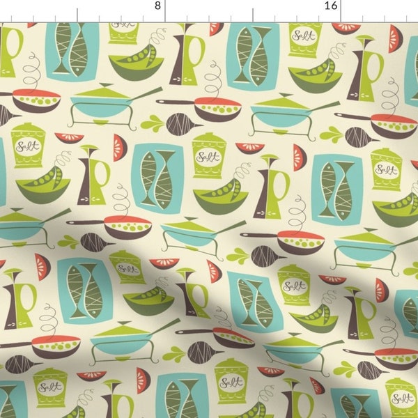 Cooking Saucepans Fabric - In The Kitchen Cream By Studiojenny - Illustrative Retro Vintage 50s Cotton Fabric By The Yard With Spoonflower