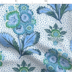 Preppy Botanical Fabric - Primrose Blue by whitneyenglish - Blue Green Floral Cottagecore Farmhouse Fabric by the Yard by Spoonflower