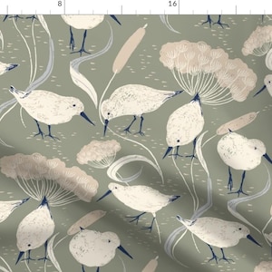 Sandpiper Fabric - Coastal Green by hupu - Lakeside Coastal Birds Cow Parsley Neutral Beige Cattail Ocean Fabric by the Yard by Spoonflower