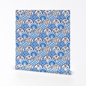 Blue Tile Wallpaper - Blue Tiles By Joyink - Orange Blue White Tiles Custom Printed Removable Self Adhesive Wallpaper Roll by Spoonflower