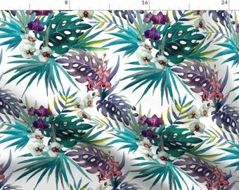 Tropical Fabric - Topical Hawaii Watercolor Orchid Flowers Pineapple By Khaus - Tropical Cotton Fabric By The Yard With Spoonflower