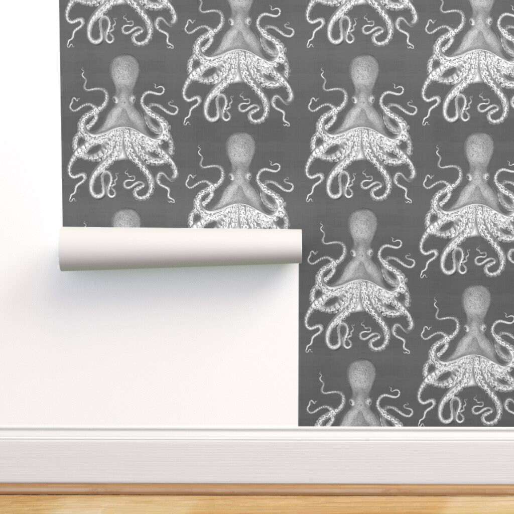 Octopus on Gray Wallpaper Octopus Oasis Gray by | Etsy