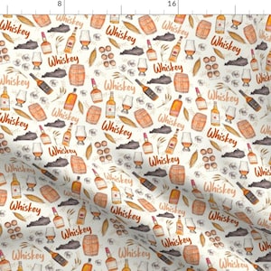 May include: A seamless pattern featuring watercolour illustrations of whiskey bottles, barrels, glasses, and wheat stalks on a white background. The word "Whiskey" is repeated throughout the pattern.